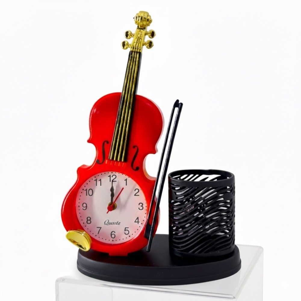 ساعة مكتب على شكل كمان مع حامل أقلام - لمسة موسيقية لمكتبك
