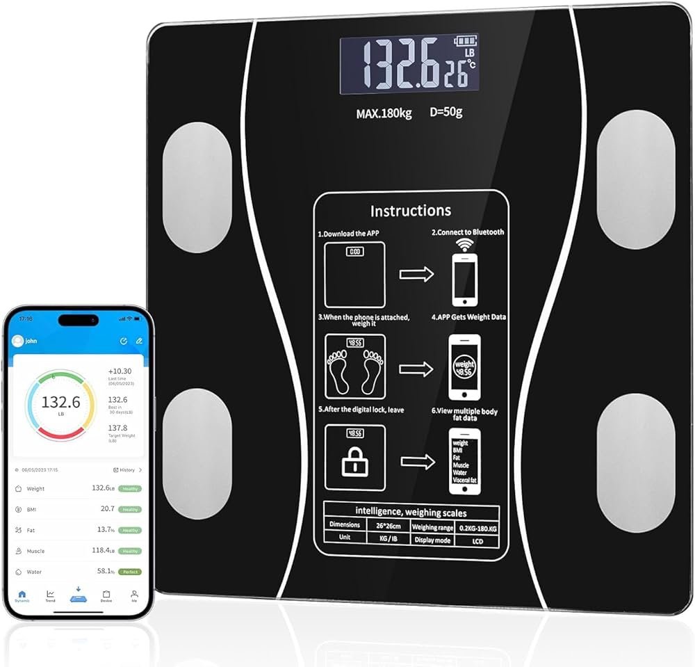 ميزان الجسم الذكي (Smart Scale) عالي الدقة – متابعة الوزن والبيانات الصحية عبر الهاتف (يتحمل حتى 180 كغ)
